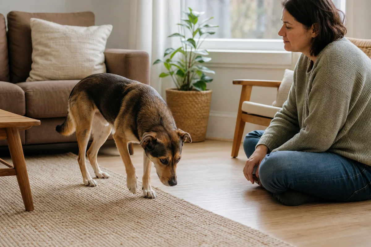 A new dog cautiously exploring a living room while its owner sits calmly nearby