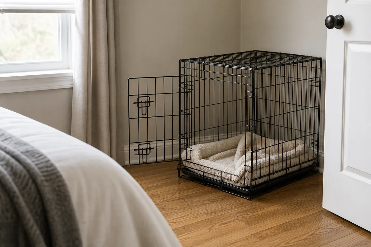 An open dog crate with bedding set up in a bedroom corner