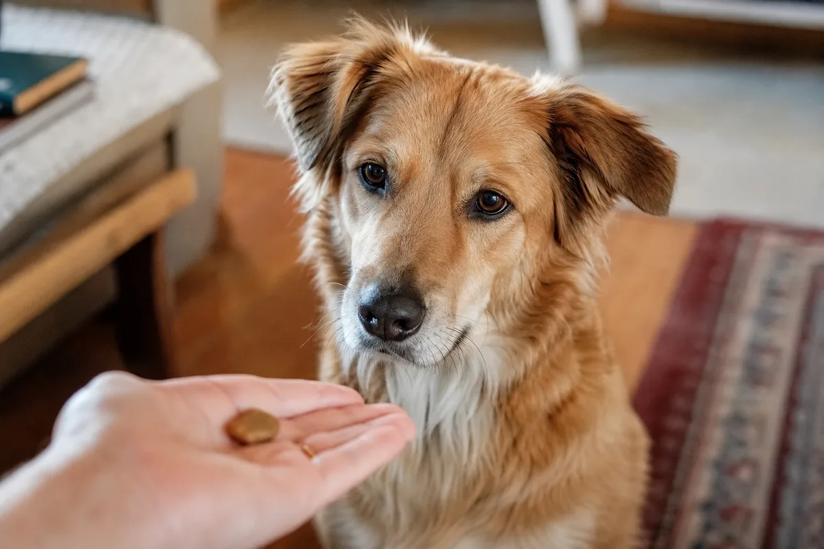 A person offering a training treat to a new dog