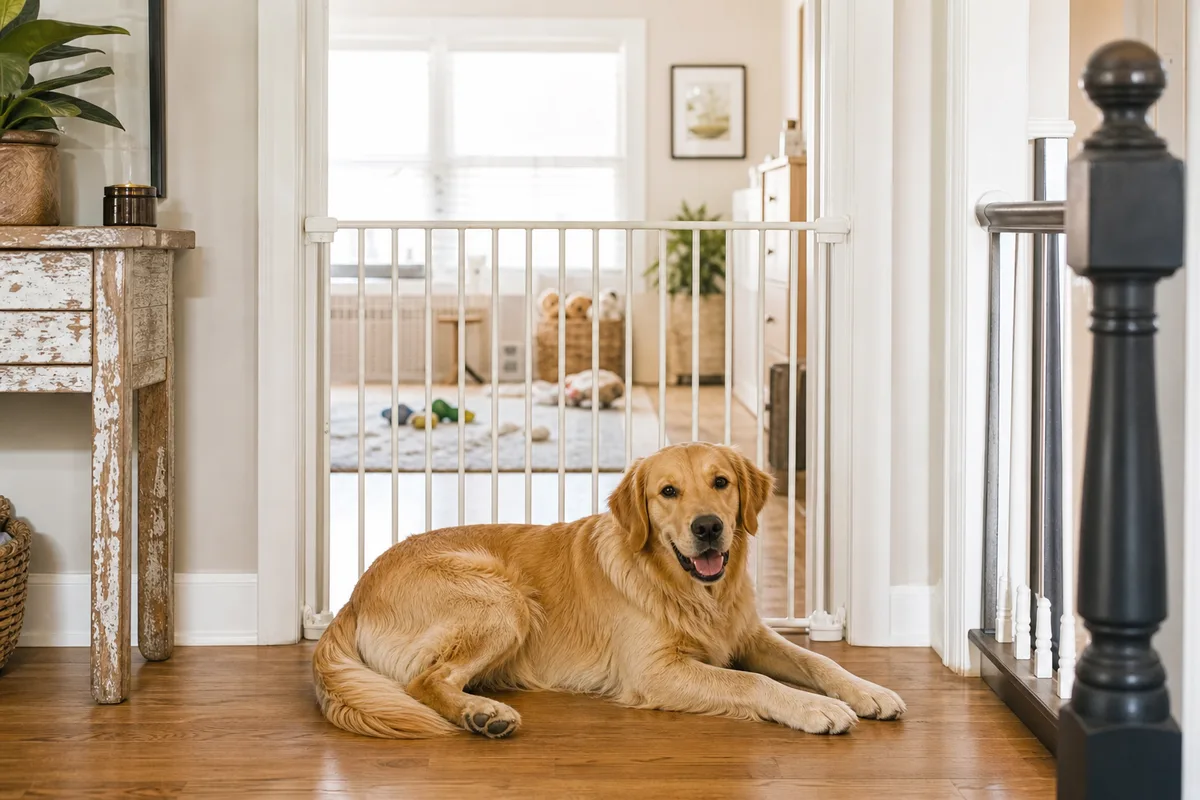 A dog resting beside a baby gate used to limit its space at home