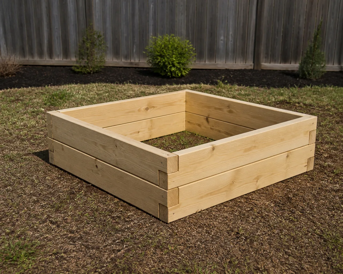 A newly built wooden raised garden bed sitting level in a backyard