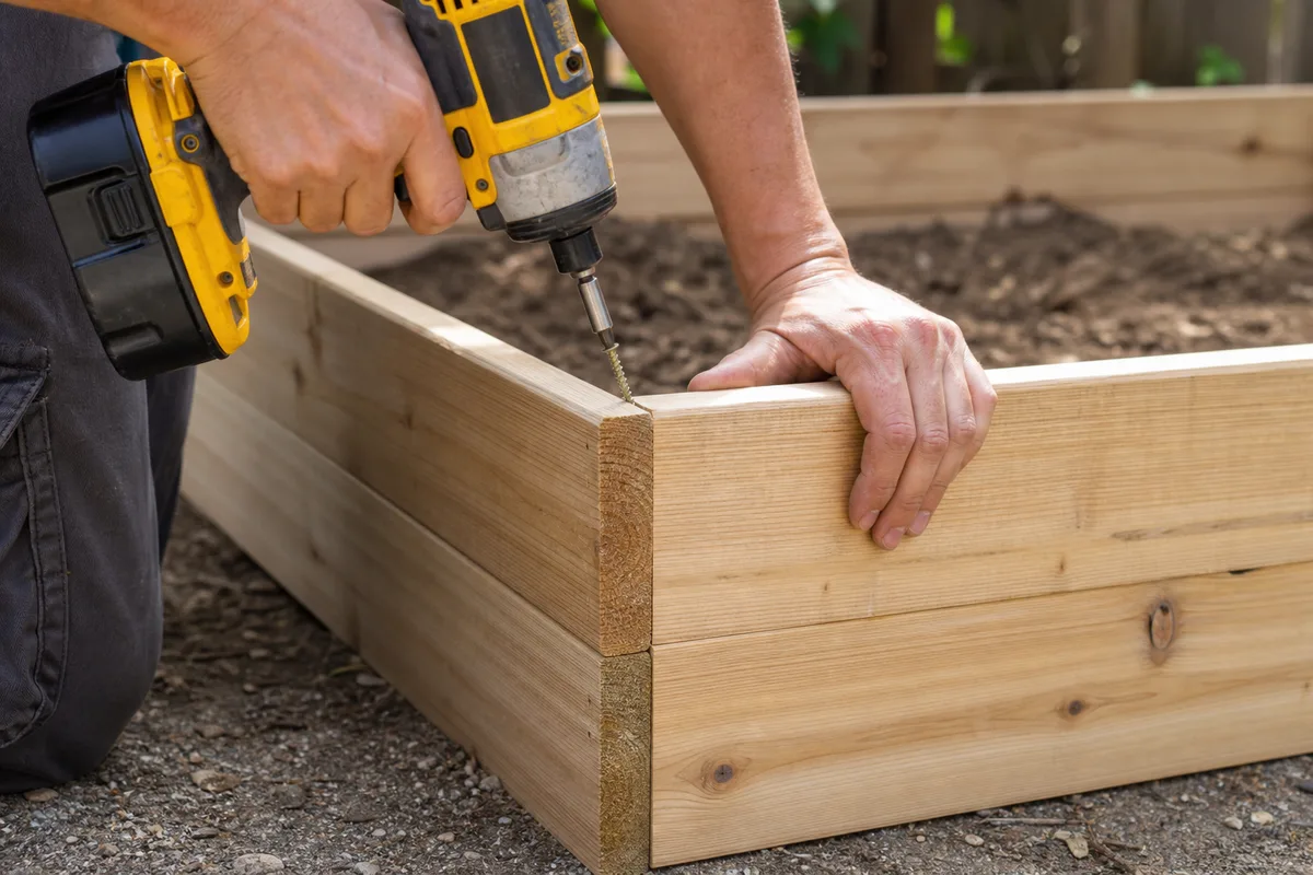 Assembling the corner of a raised garden bed frame with a drill