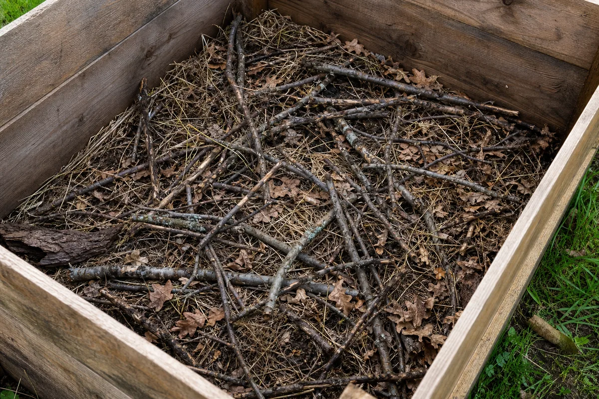 Layering coarse organic matter in the base of a raised garden bed