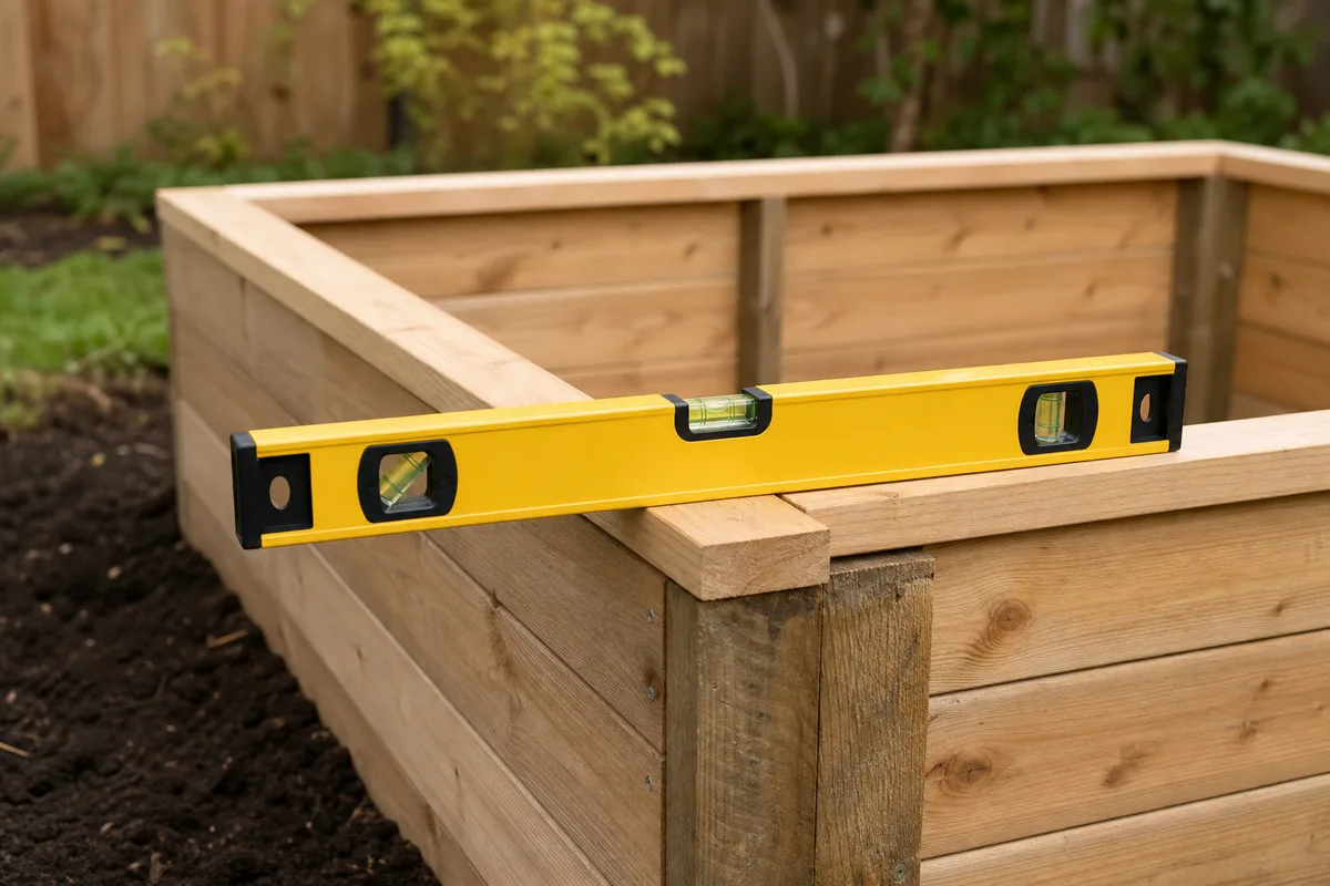 Checking a raised garden bed frame is level during the build