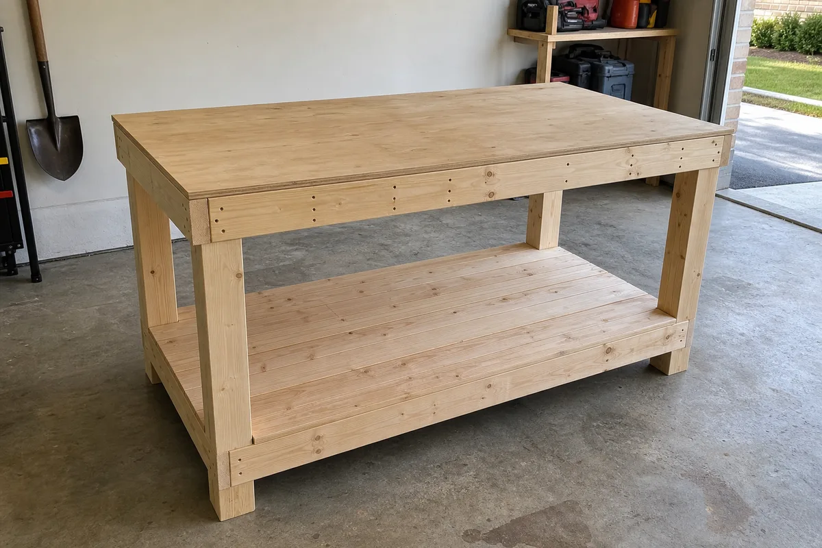A simple sturdy workbench built from construction lumber in a garage