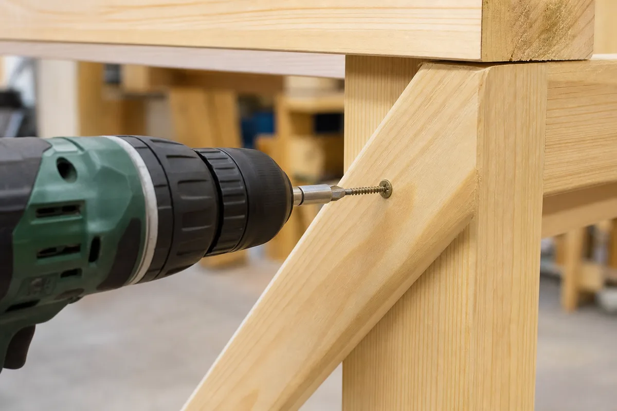 Driving a screw into a workbench leg brace with a cordless drill