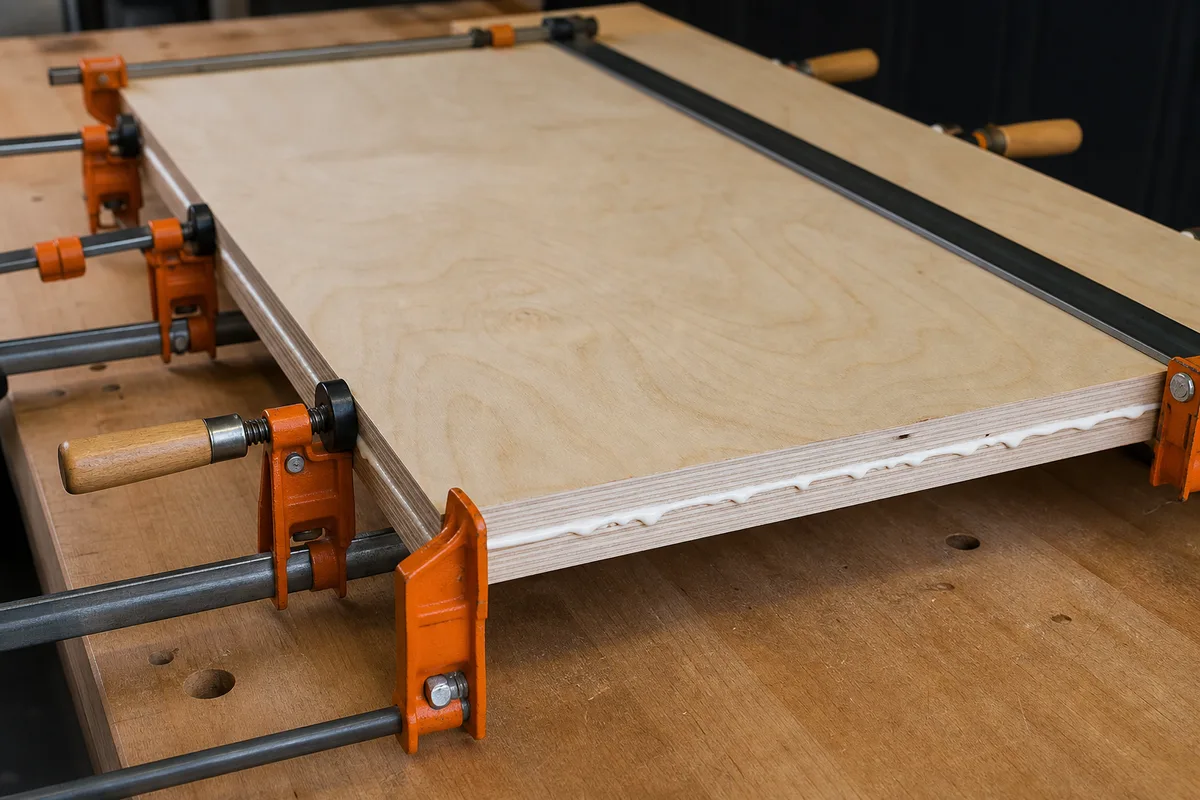 Gluing and clamping two plywood layers for a workbench top