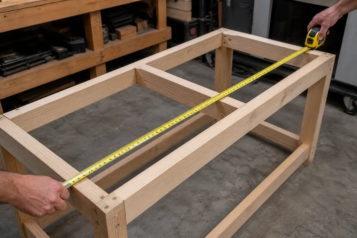 Measuring the diagonal of a workbench frame to check for square