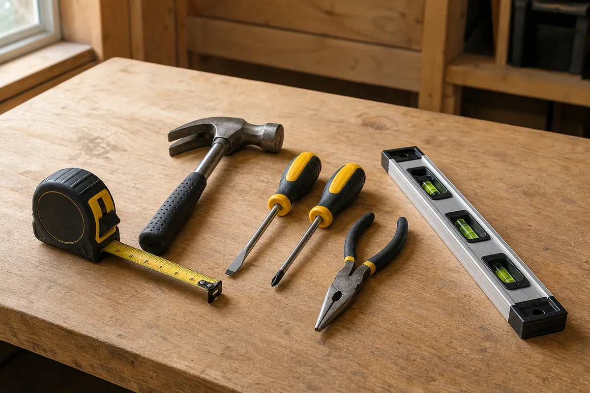 A well-chosen starter set of hand tools laid out on a bench