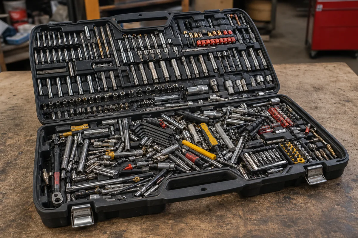 An overstuffed pre-made tool kit case with many small bits