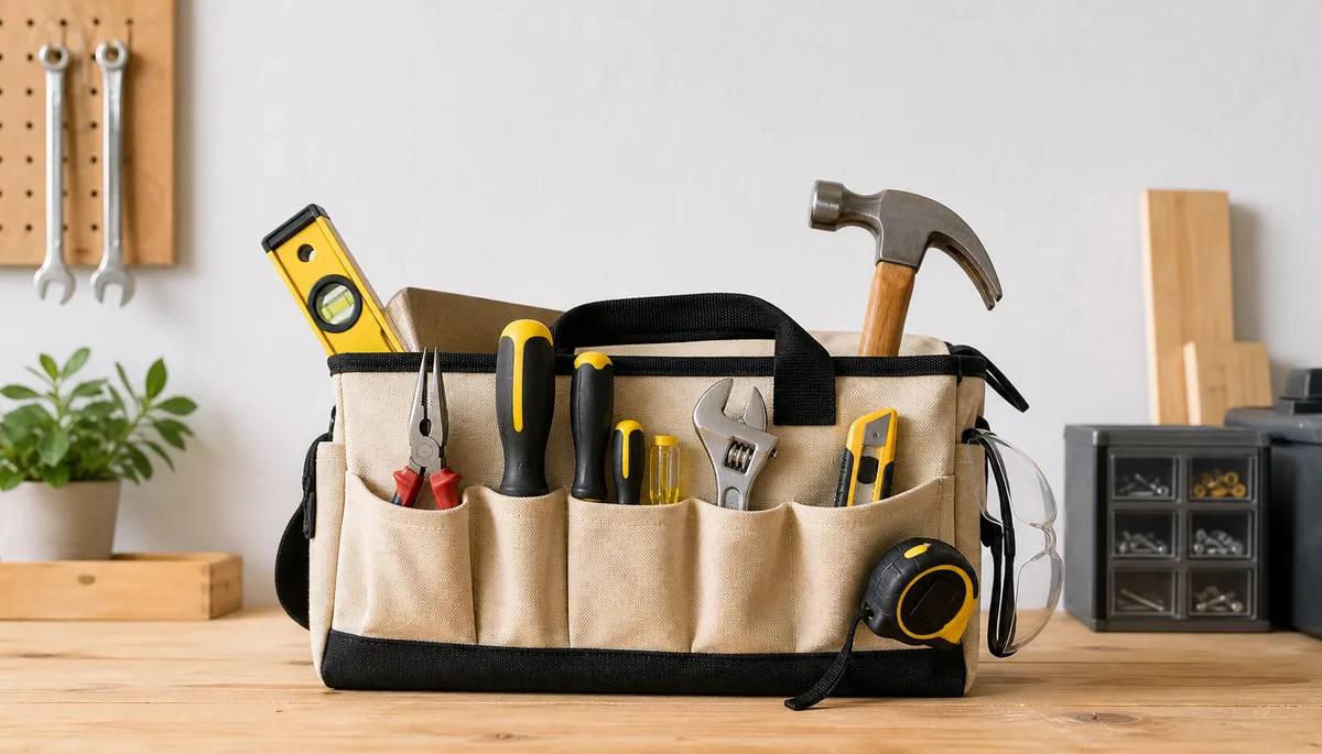 A simple tool bag holding a starter home tool kit
