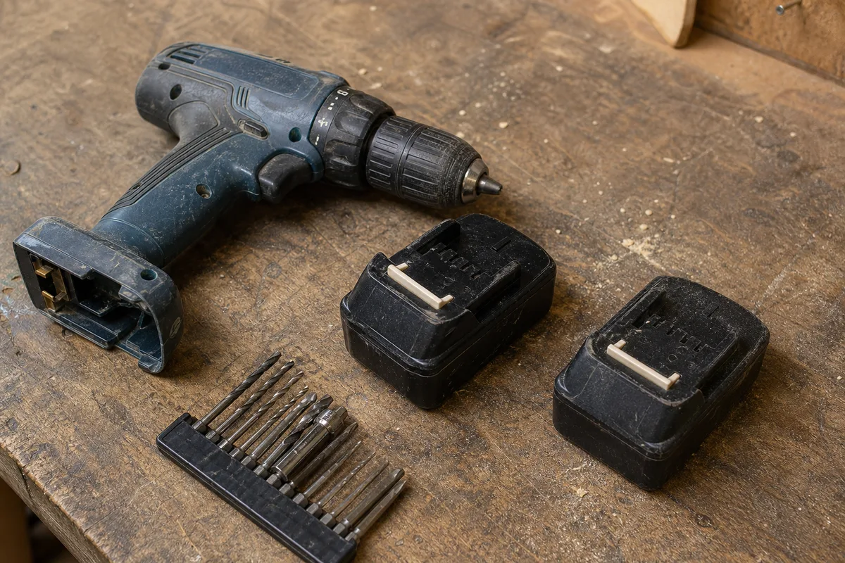 A cordless drill on a workbench with spare batteries and bits