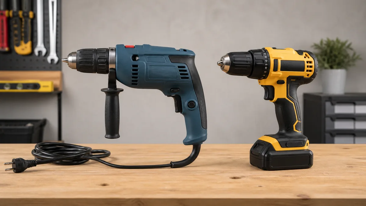 A corded drill next to a cordless drill on a workbench