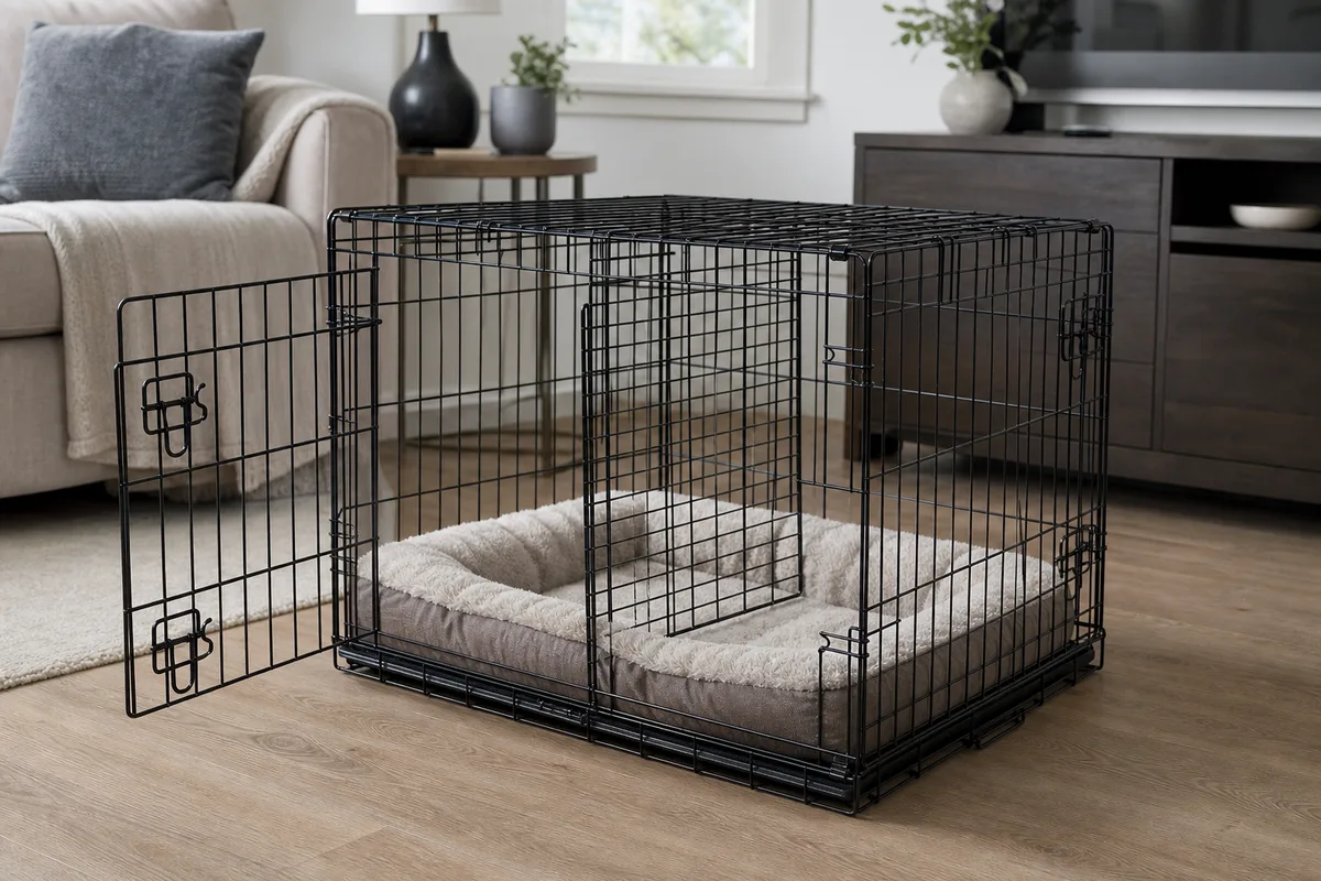 A wire dog crate with bedding and a divider panel in a living room