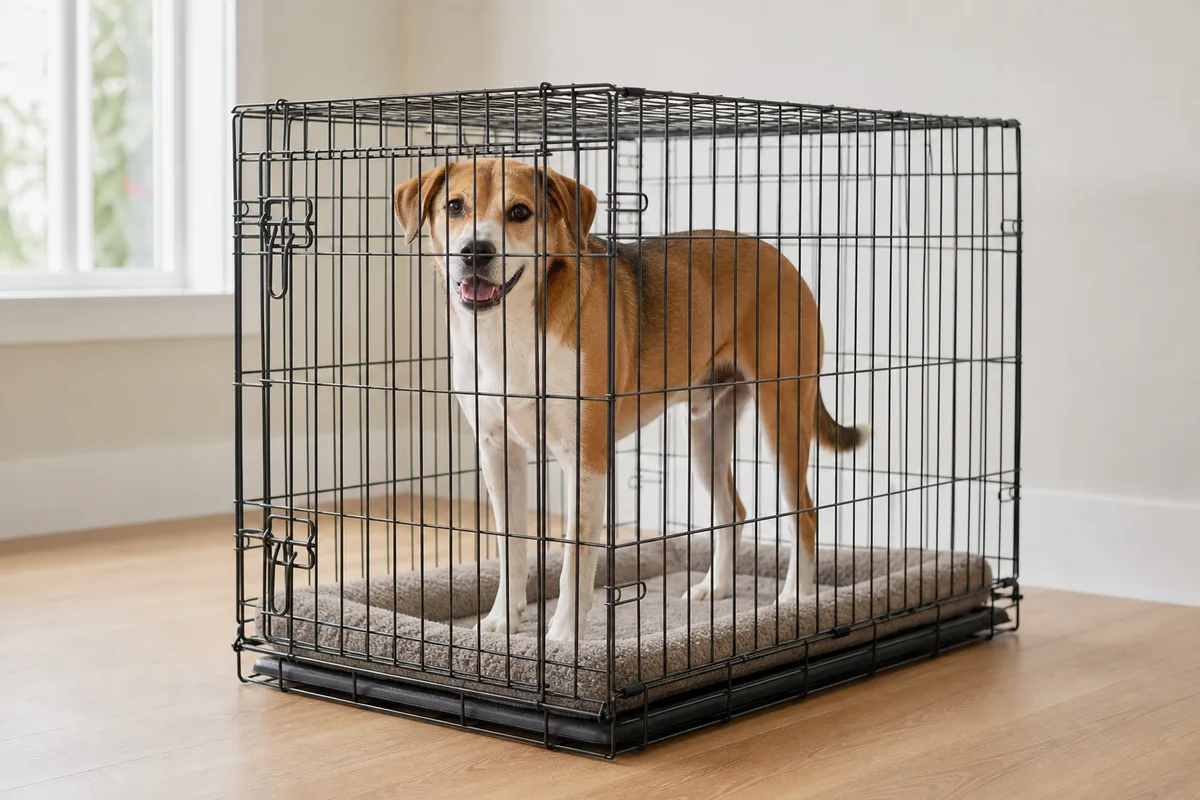 A dog standing comfortably inside a properly sized crate