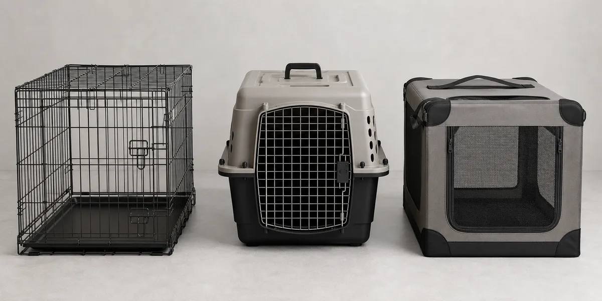A wire, plastic, and soft dog crate compared side by side
