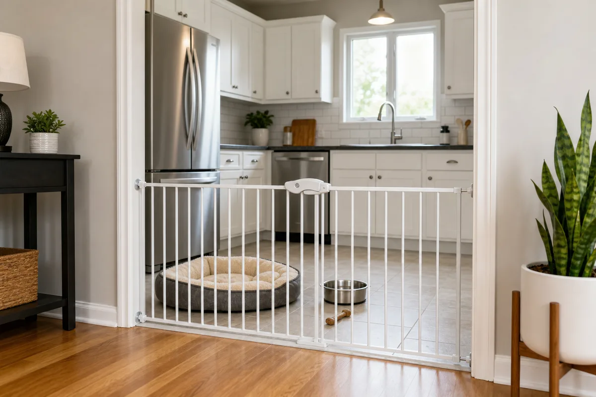A gated kitchen area used as an alternative to a dog crate