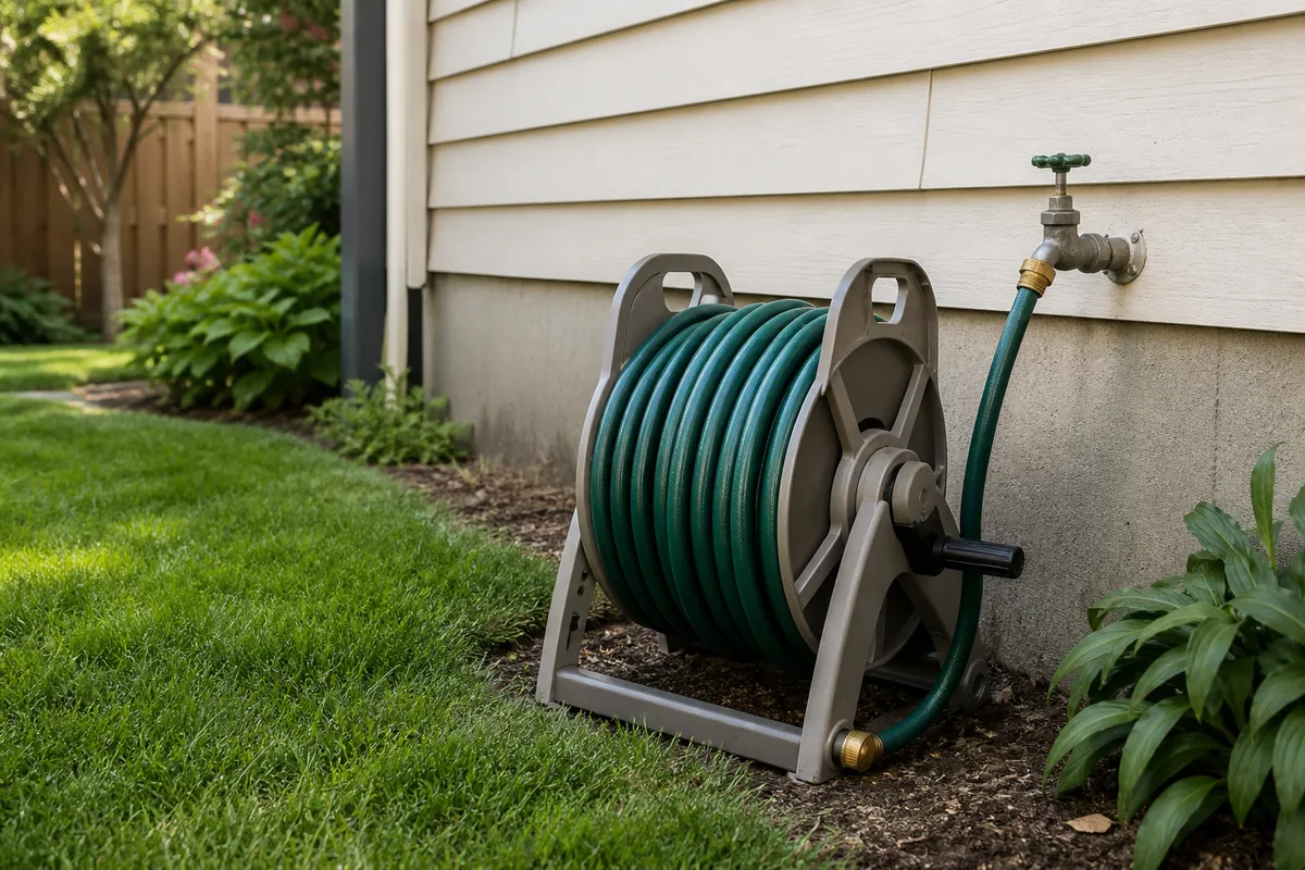 A garden hose coiled on a reel beside a house spigot