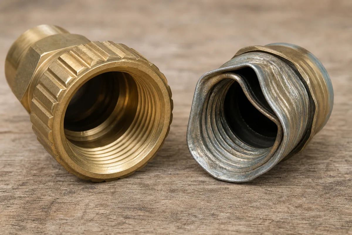 A brass hose fitting compared with a bent stamped fitting