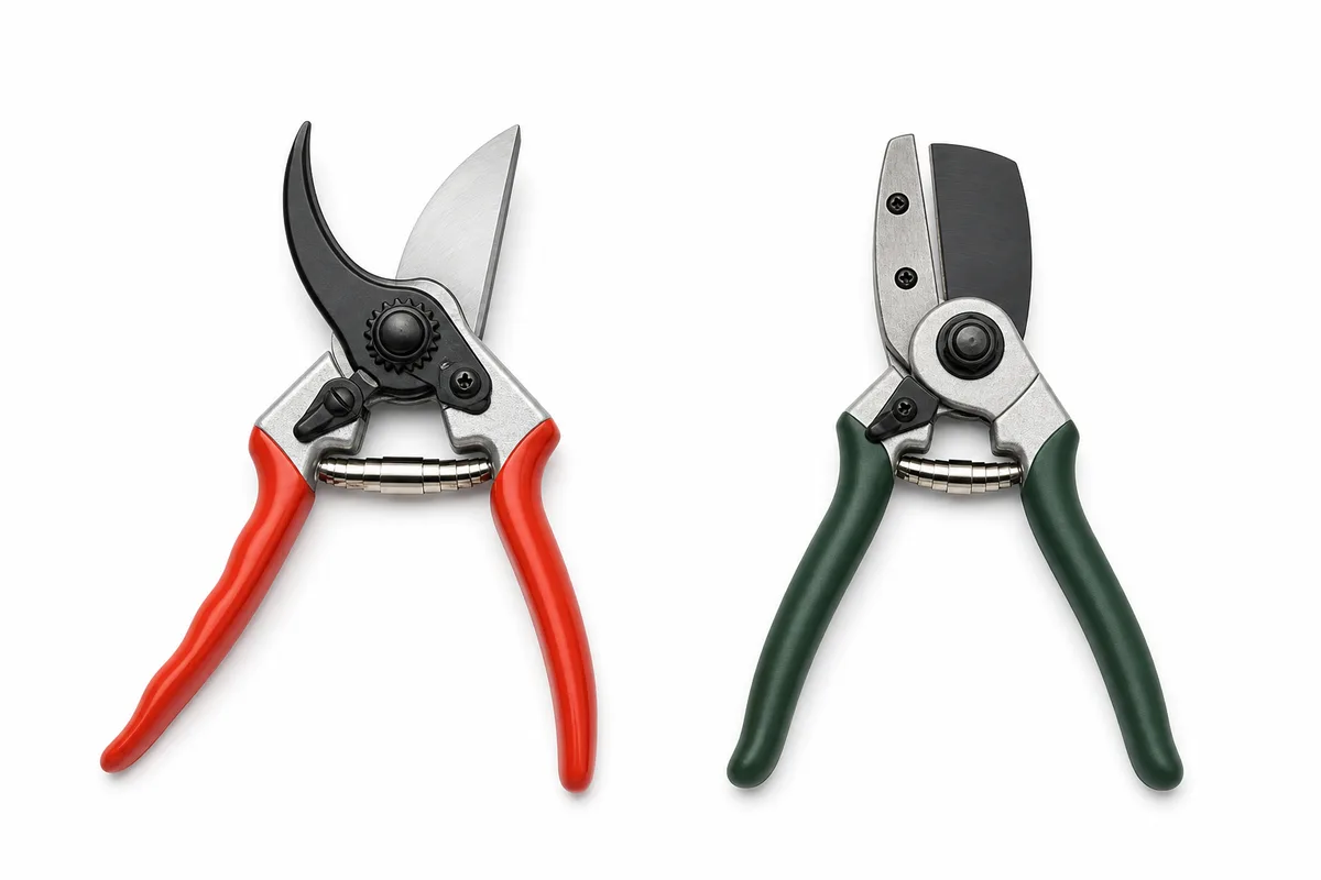 Bypass and anvil hand pruners compared side by side