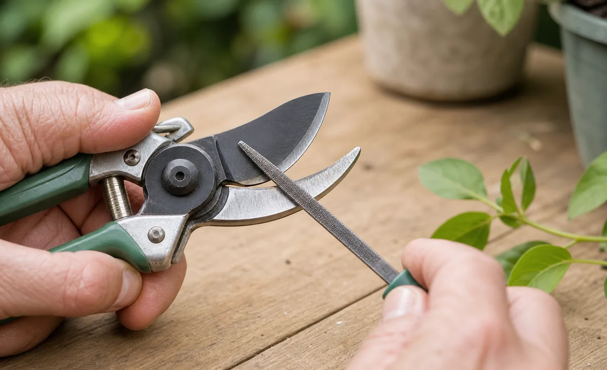 Sharpening a hand pruner blade with a file