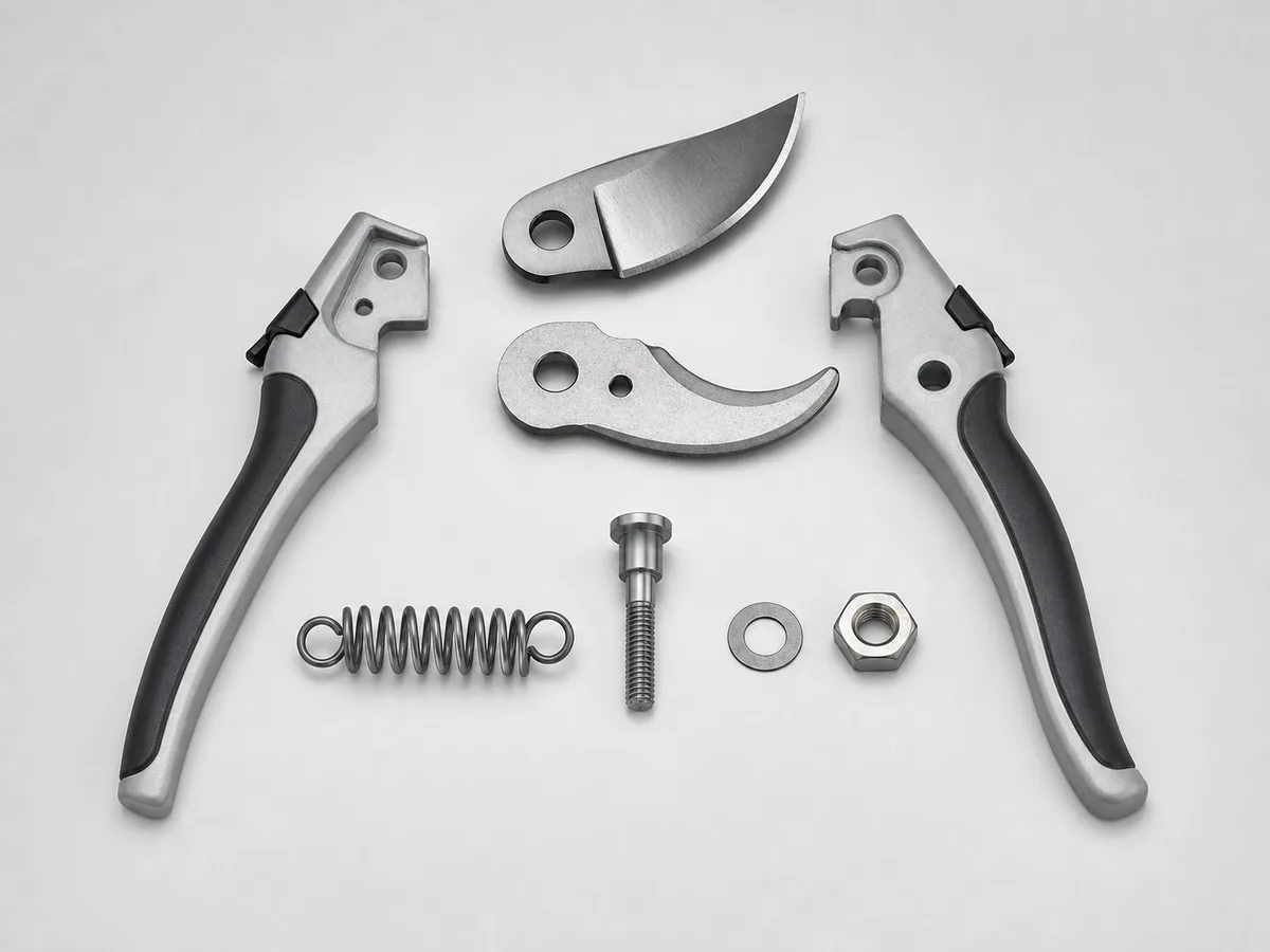 A disassembled pruner showing replaceable spring and blade