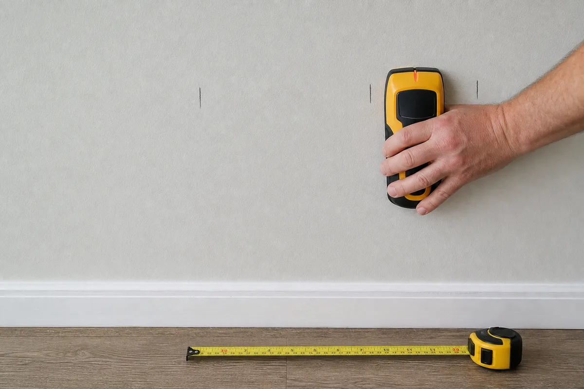 A stud finder and pencil marks on a painted wall showing stud positions