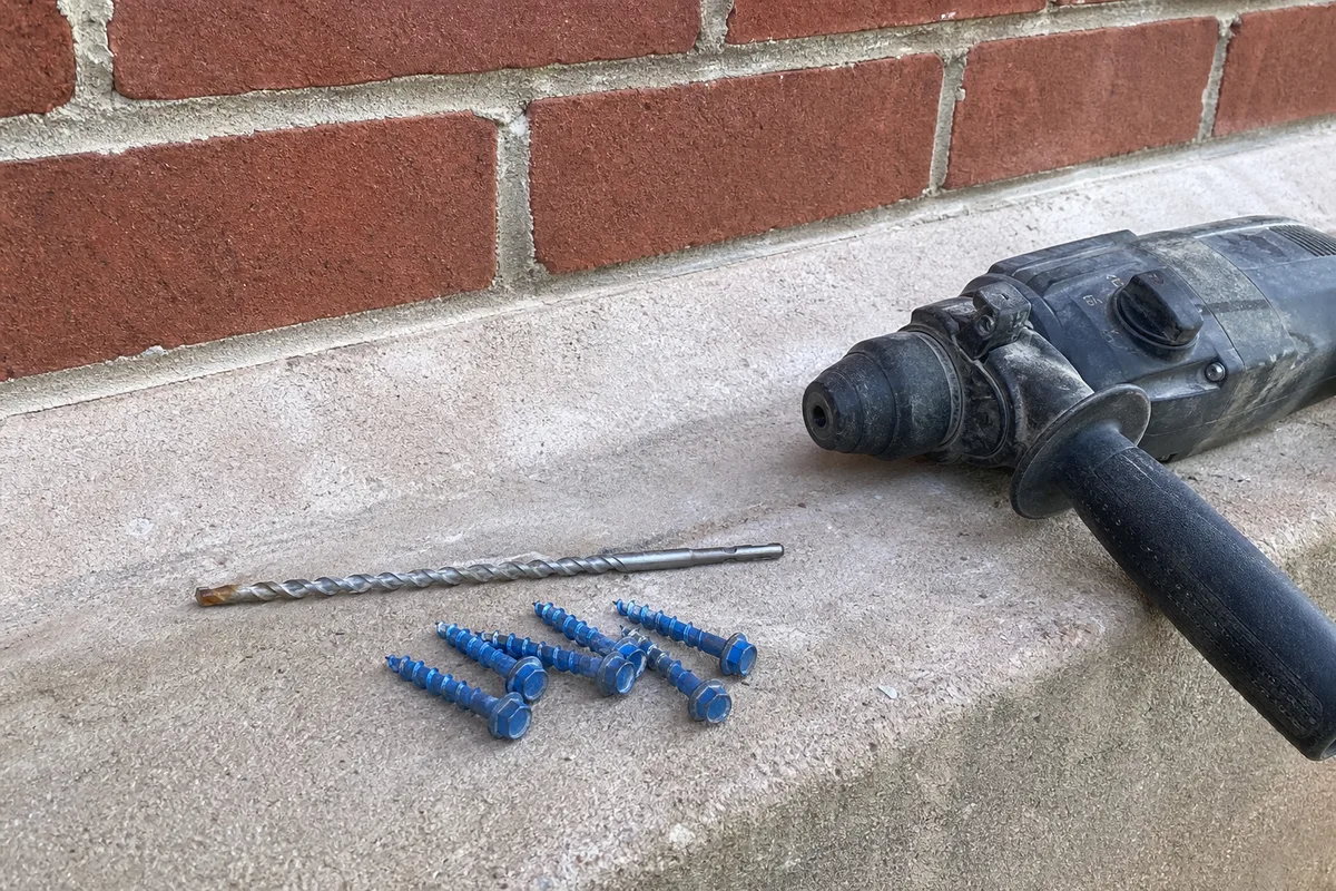 Concrete screws and a masonry bit resting against a brick wall