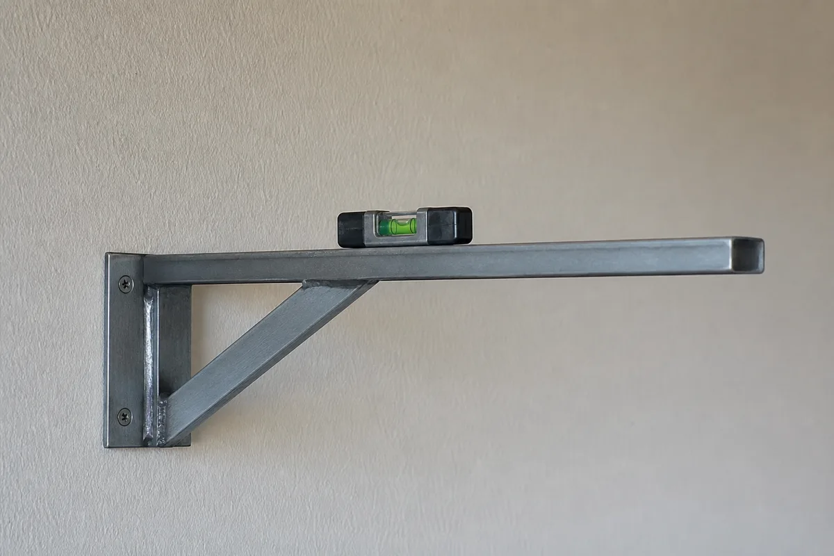 A shelf bracket screwed directly into a wall stud