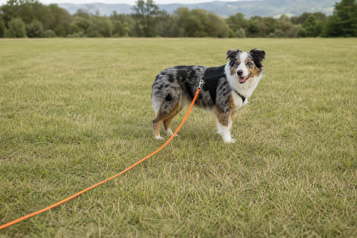A long training line attached to a dog's harness in a field