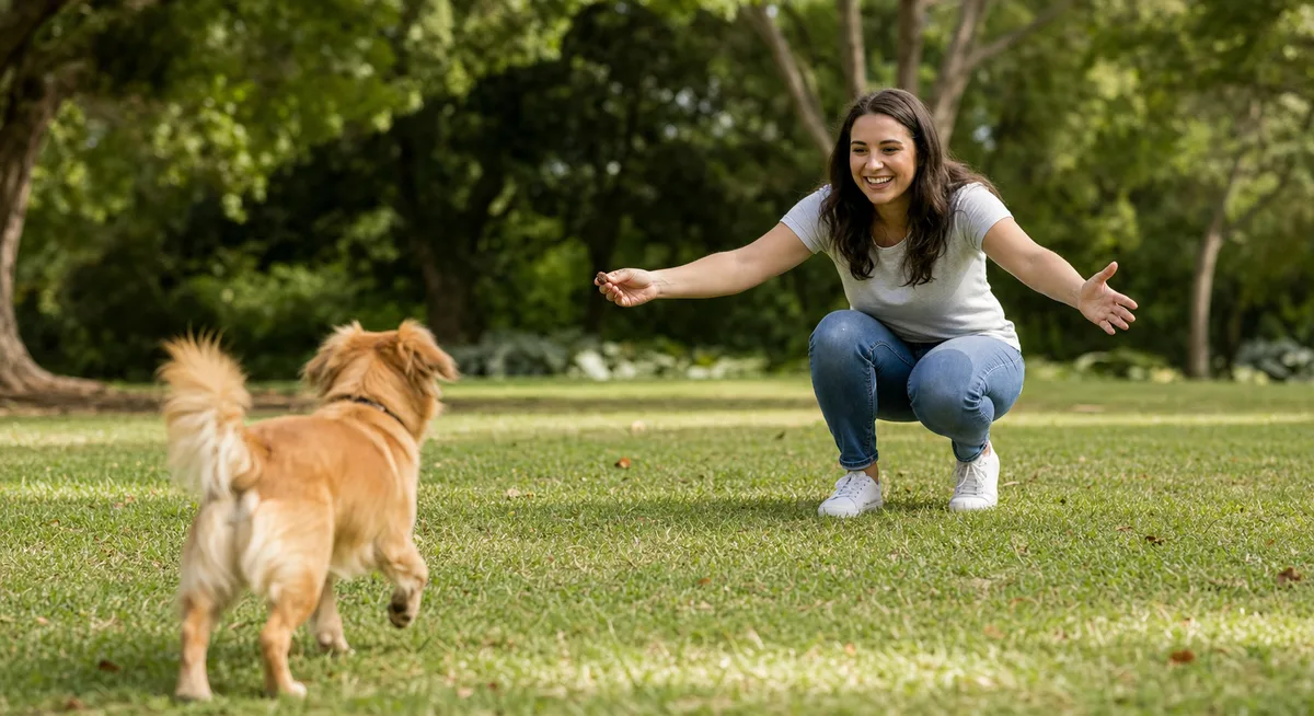 An owner crouching and calling a dog for recall practice