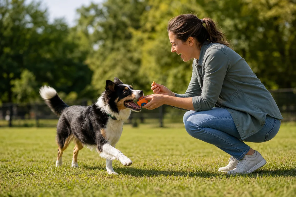 A dog reaching its owner and receiving a reward during recall training