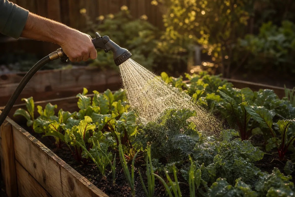 A gardener hand watering a raised bed with a hose wand
