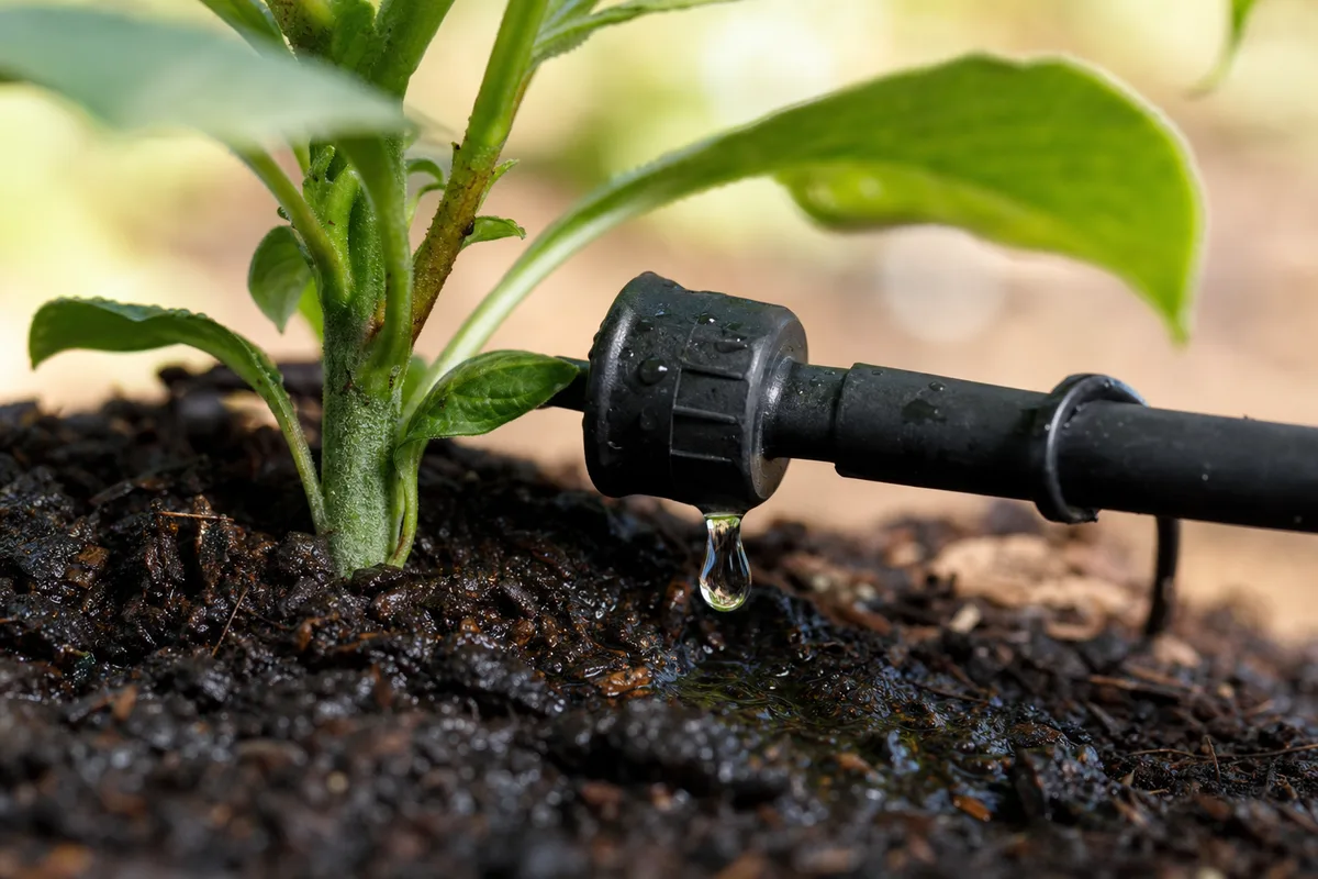 A drip emitter releasing water at a plant's base