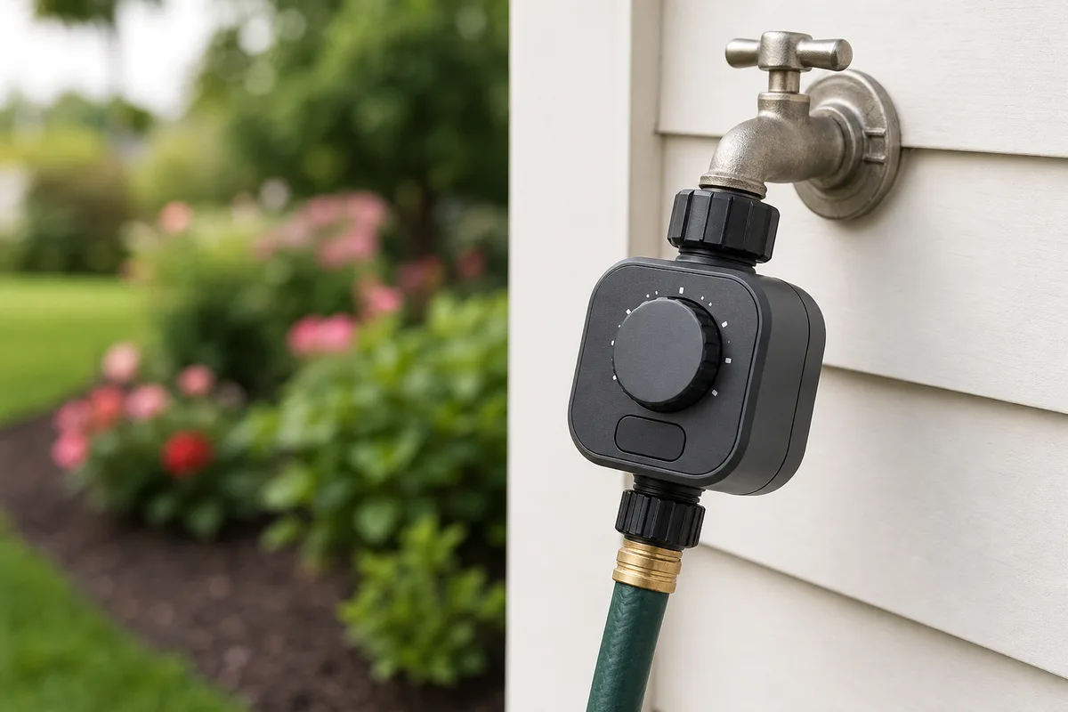 A hose timer attached to an outdoor spigot