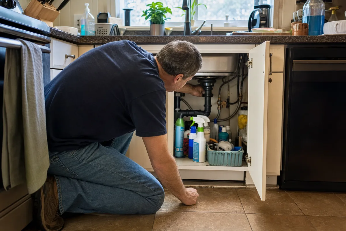 Homeowner reaching for the water shutoff valve inside an under-sink cabinet