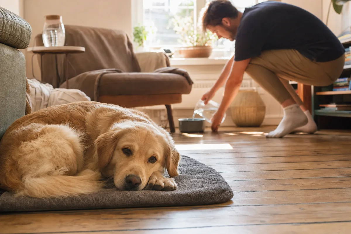 A dog resting on a mat while an owner refills its water bowl at home