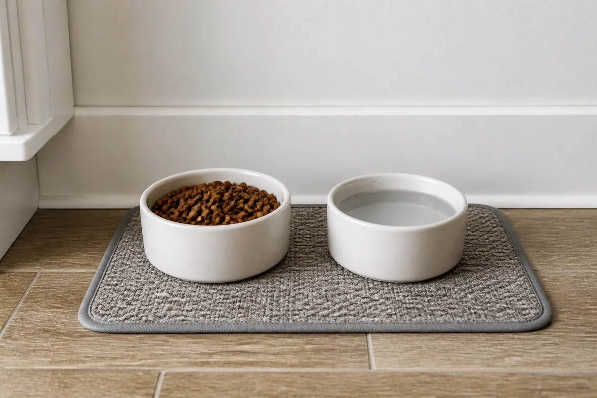 Two pet food and water bowls set up on a mat in a kitchen corner