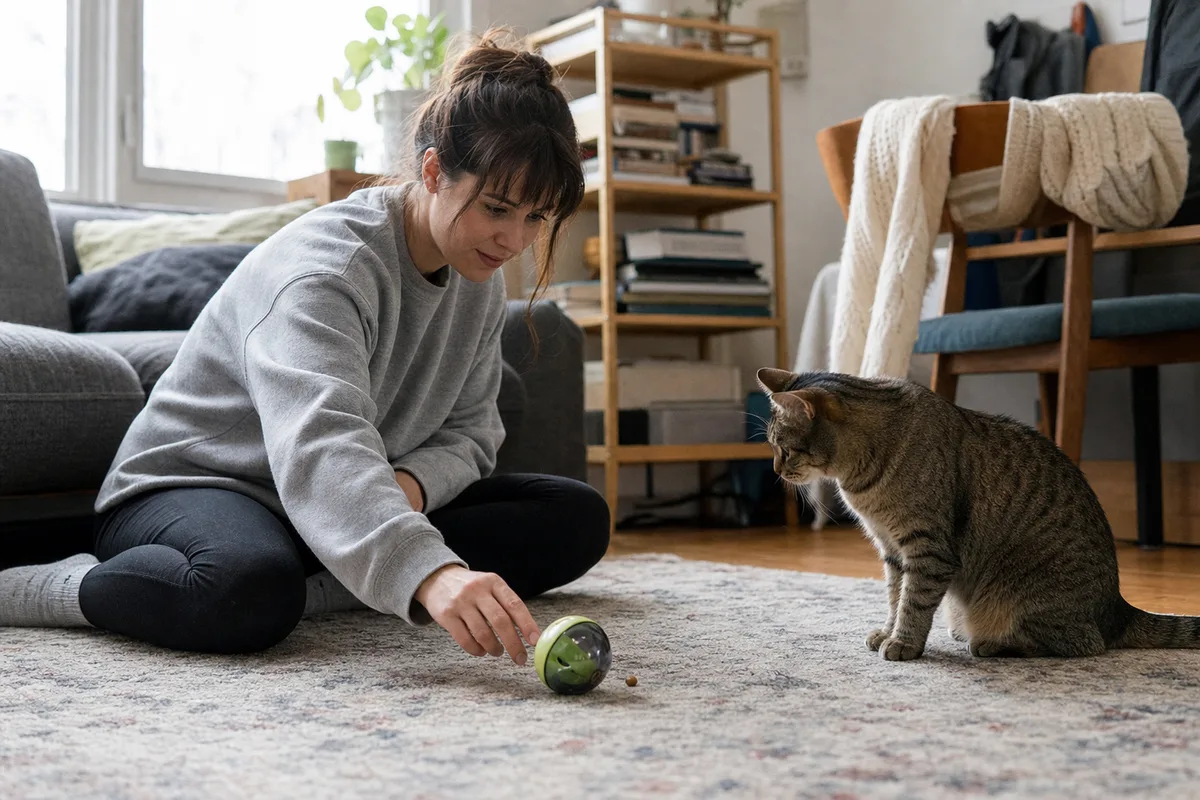 A person playing with a cat using a treat-dispensing toy on the floor