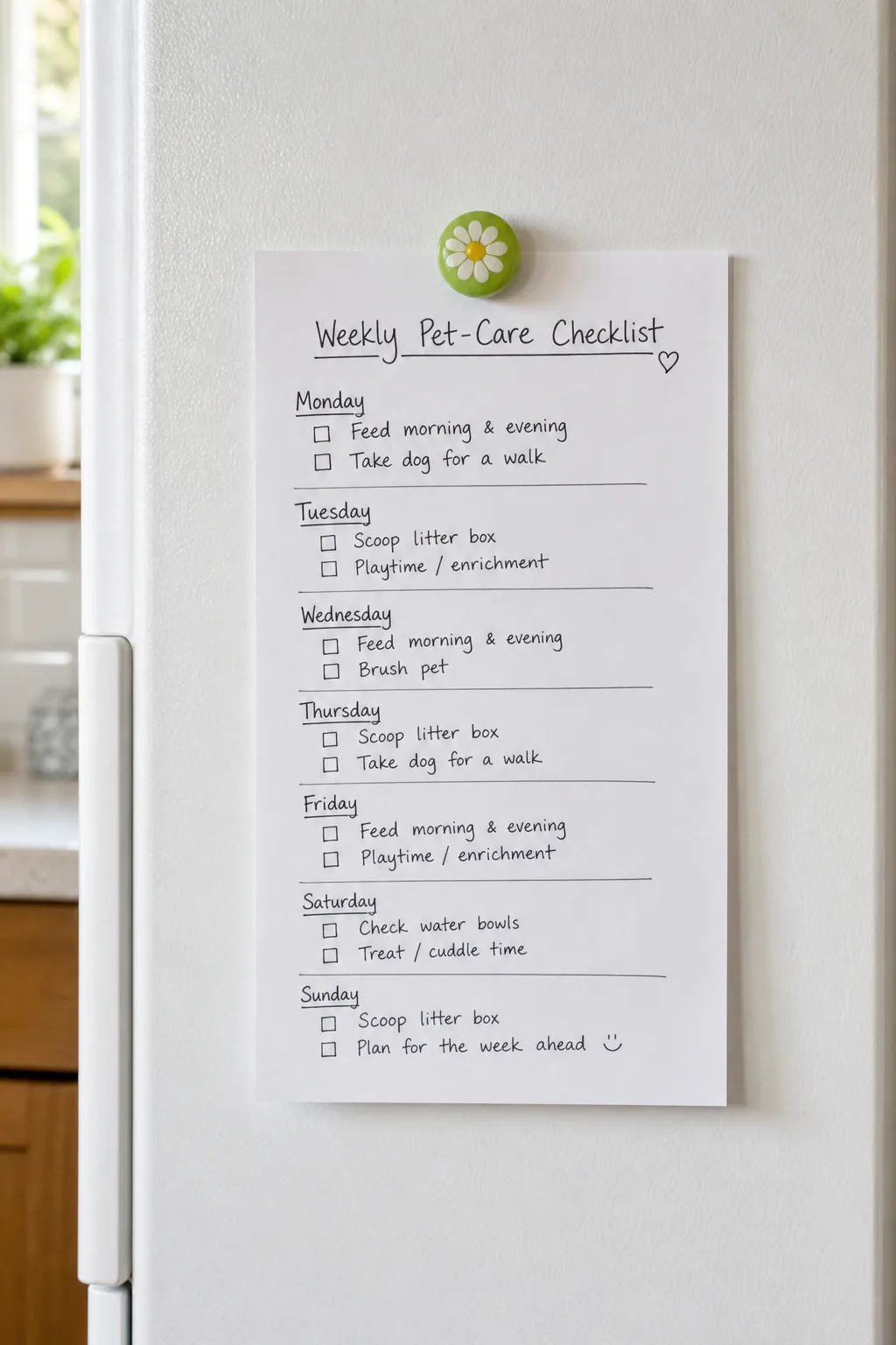 A handwritten weekly pet care checklist stuck to a refrigerator door