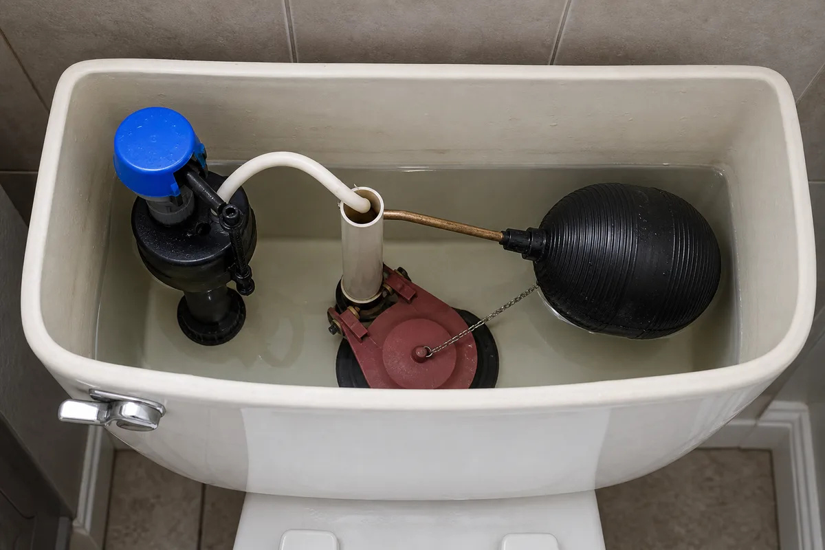 The inside of a toilet tank showing the flapper, fill valve, and float