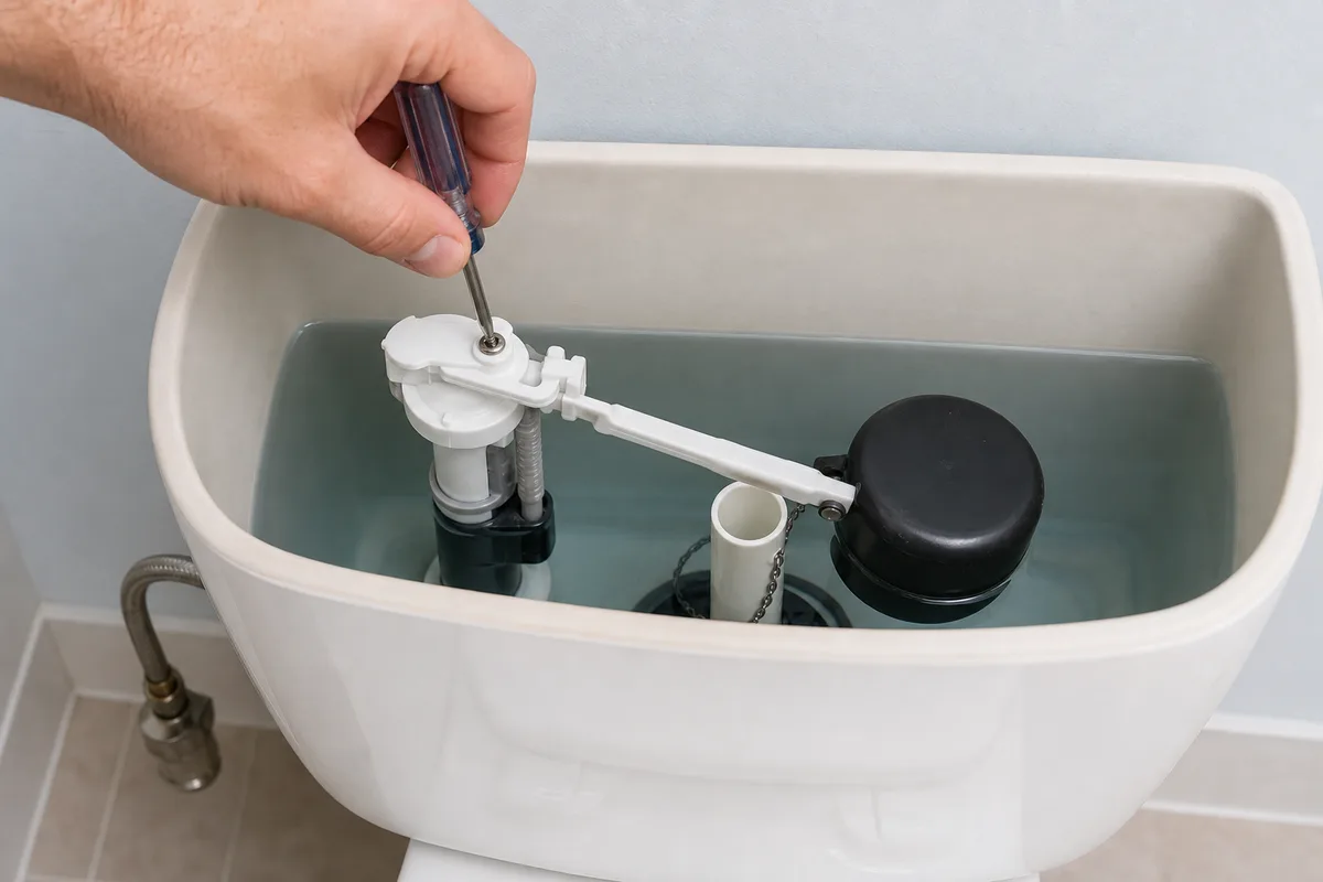 Adjusting the float to set the water level in a toilet tank