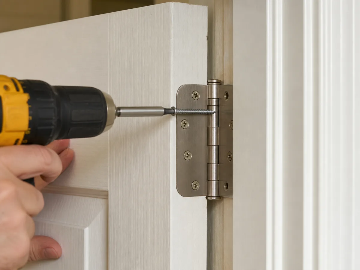 Driving a longer screw into a door hinge to fix sagging