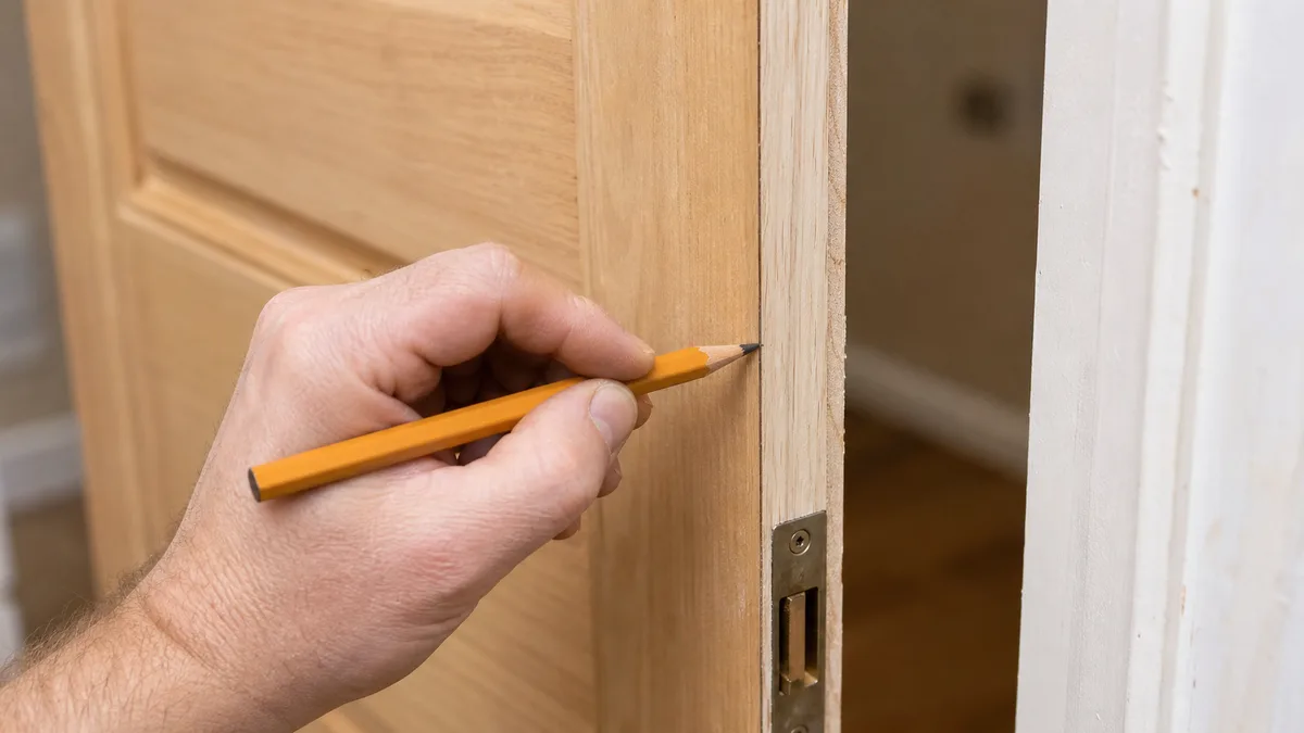 Marking a door edge with a pencil before planing