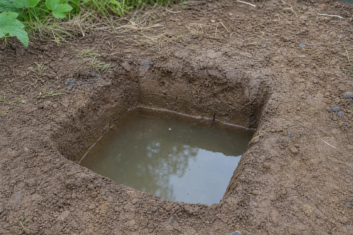 A test hole filled with standing water to check soil drainage