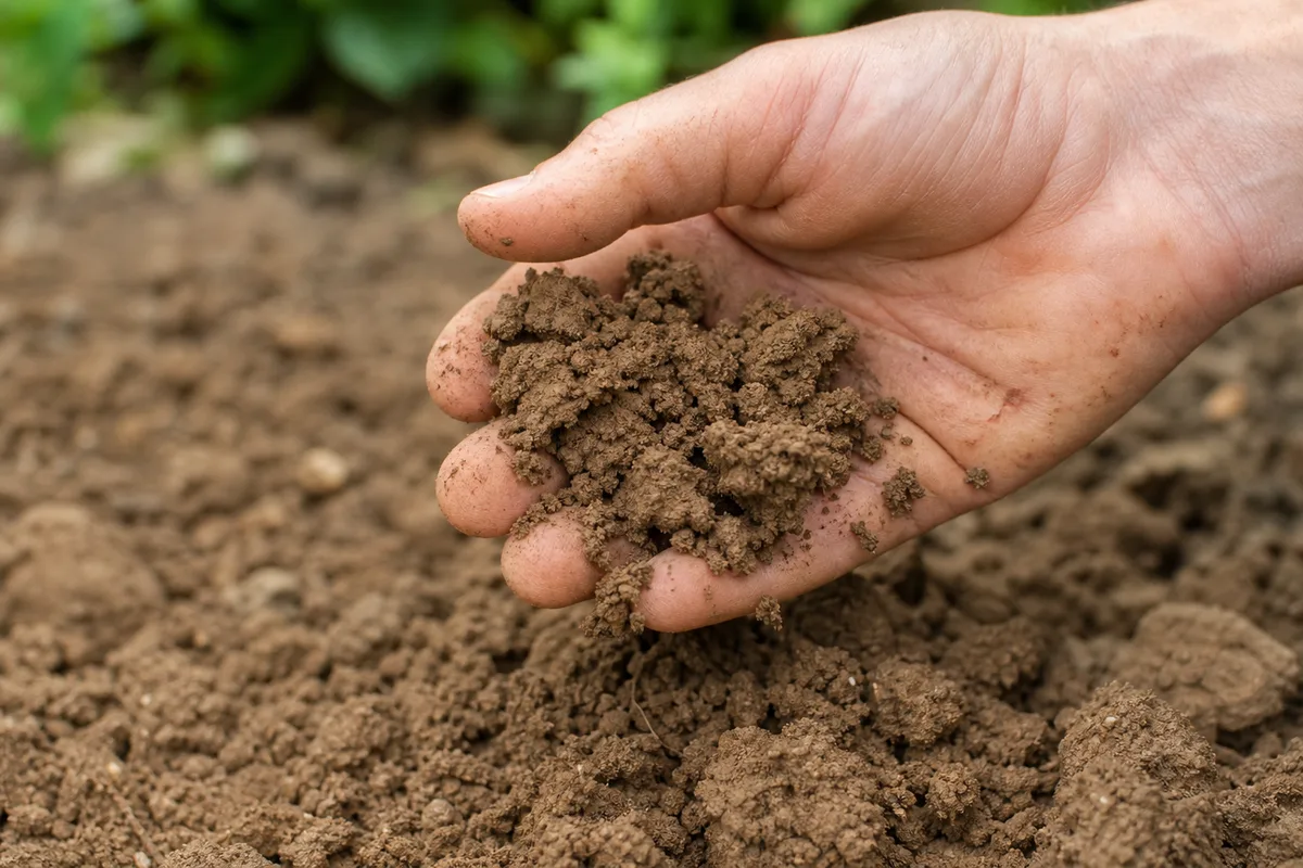 Crumbling clay soil at the right moisture for working