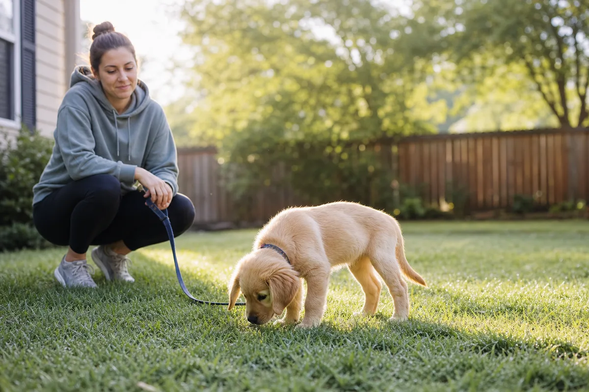 A puppy on a leash at a designated potty spot in a backyard