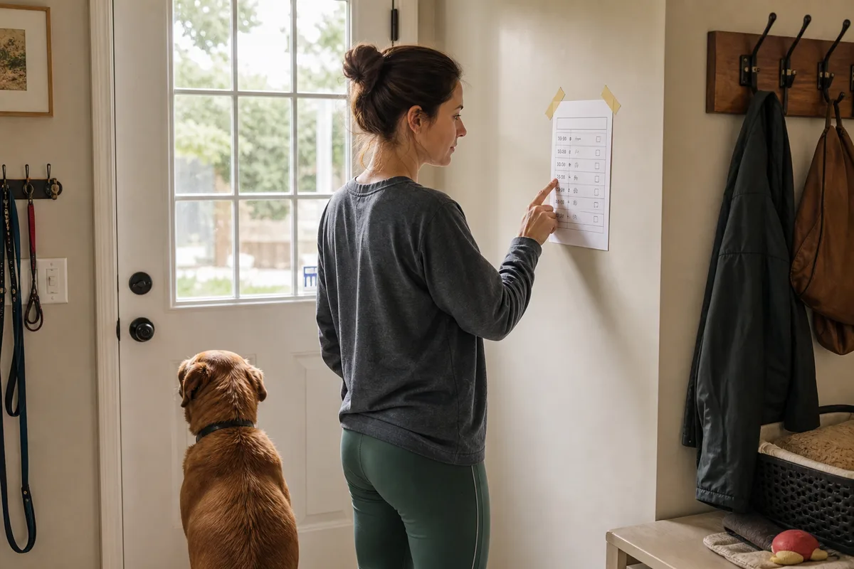 A house-training schedule taped near a back door