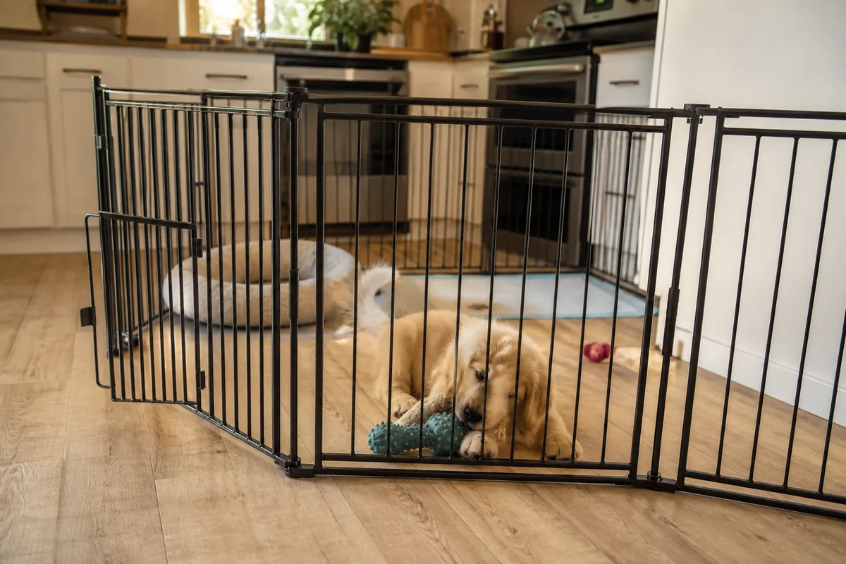 A puppy in a gated kitchen area used for supervised house-training