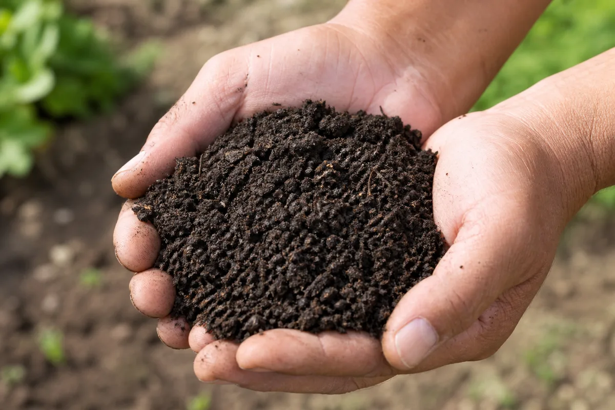 Hands holding finished dark crumbly compost